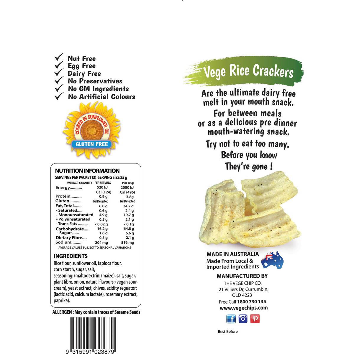 Vege Rice Crackers Sour Cream & Chives 75g