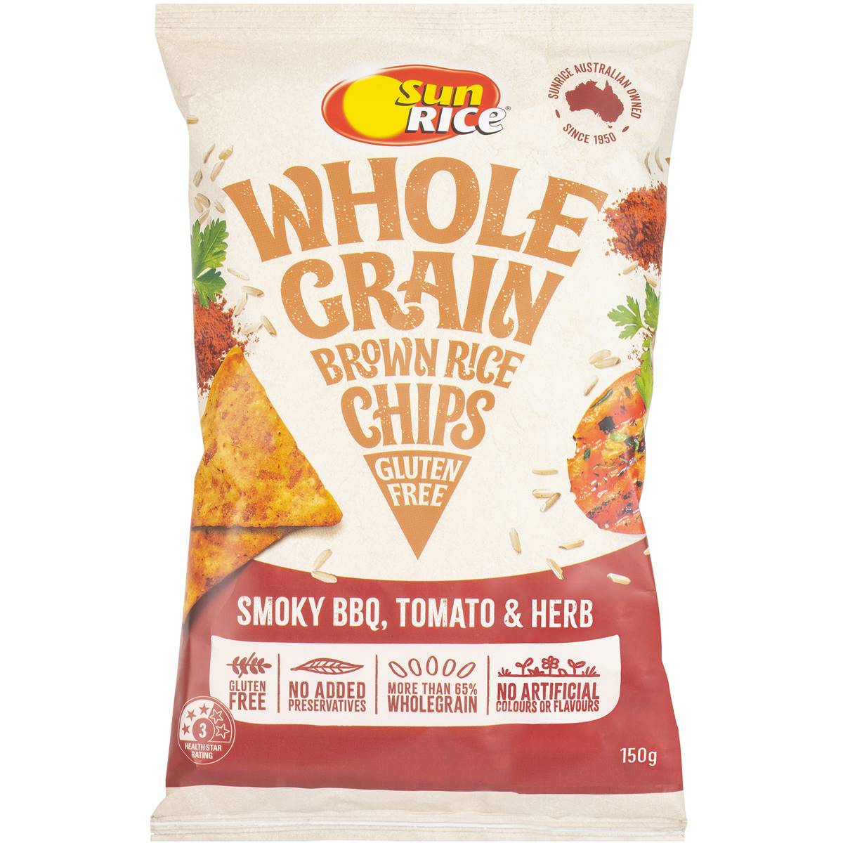 Sunrice Wholegrain Brown Rice Chips Smoky BBQ, Tomato & Herb 150g