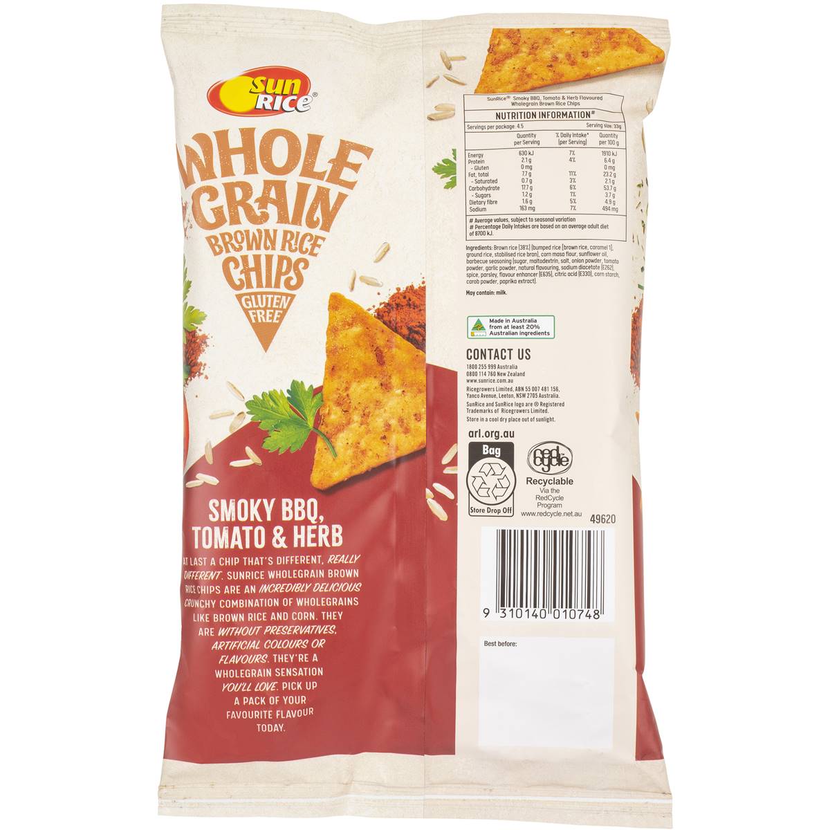 Sunrice Wholegrain Brown Rice Chips Smoky BBQ, Tomato & Herb 150g