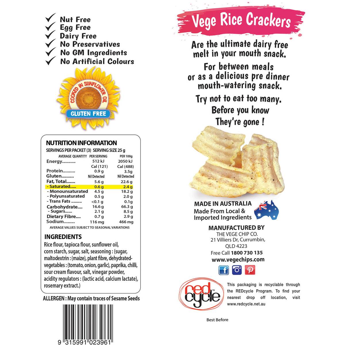 Vege Rice Crackers Sweet Chilli & Sour Cream 75g