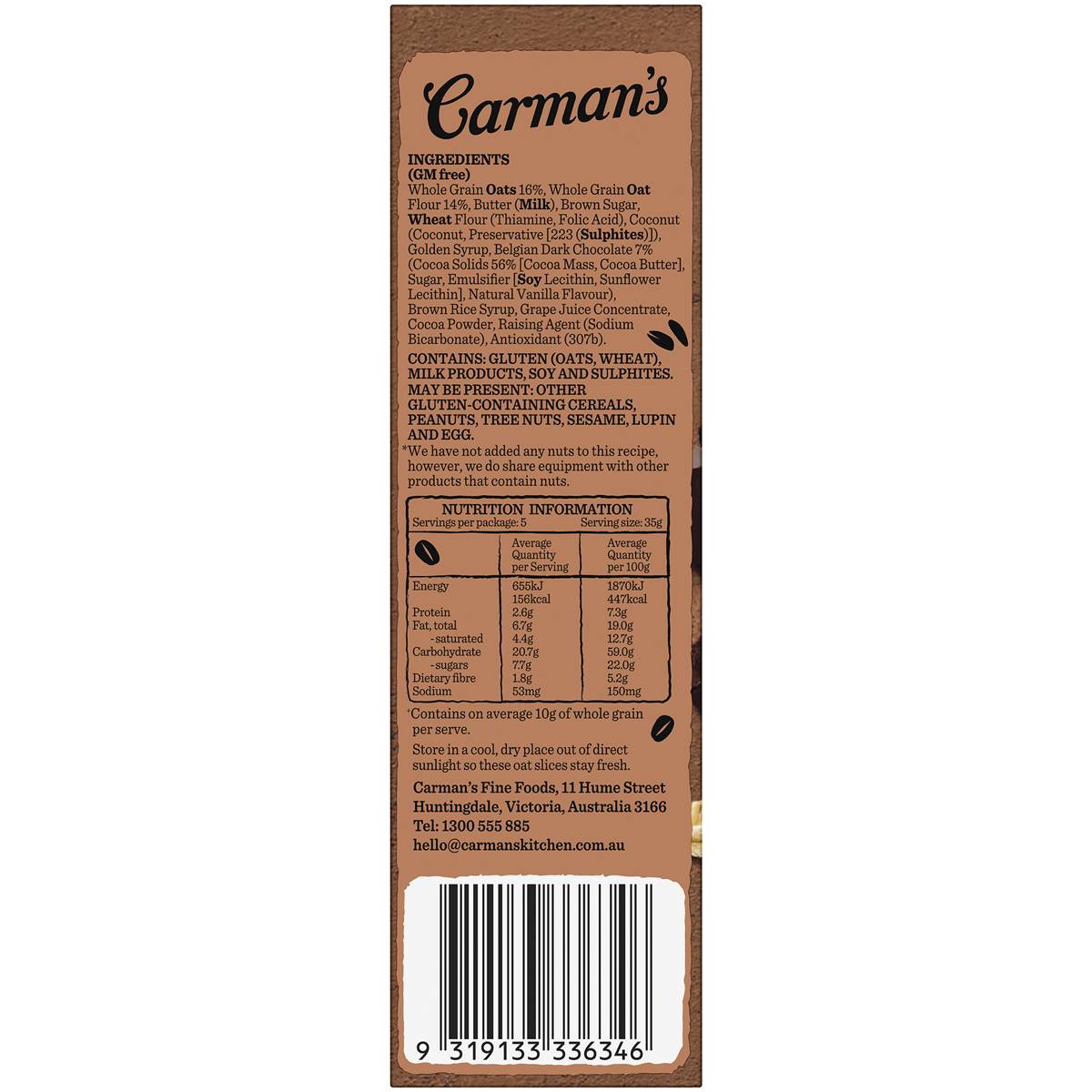 Carman's Oat Slice Belgian Chocolate Brownie 5 Pack 175g
