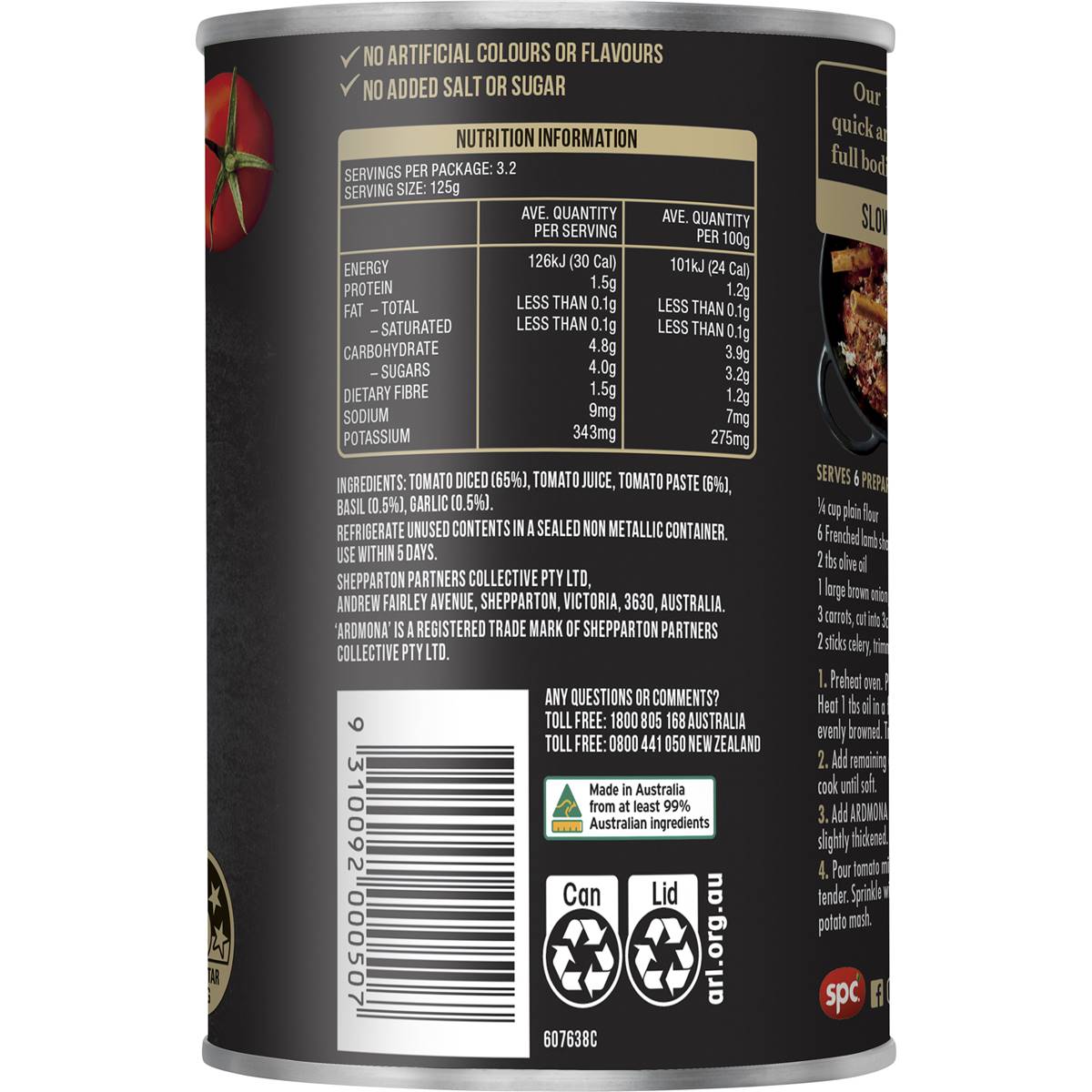 Ardmona Rich & Thick Basil & Garlic Diced Tomatoes With Paste 410g