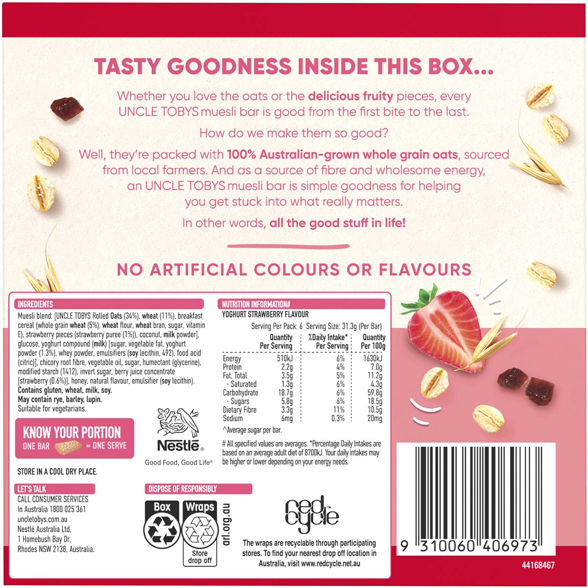 Uncle Toby Yoghurt Strawberry Muesli Bars - 6