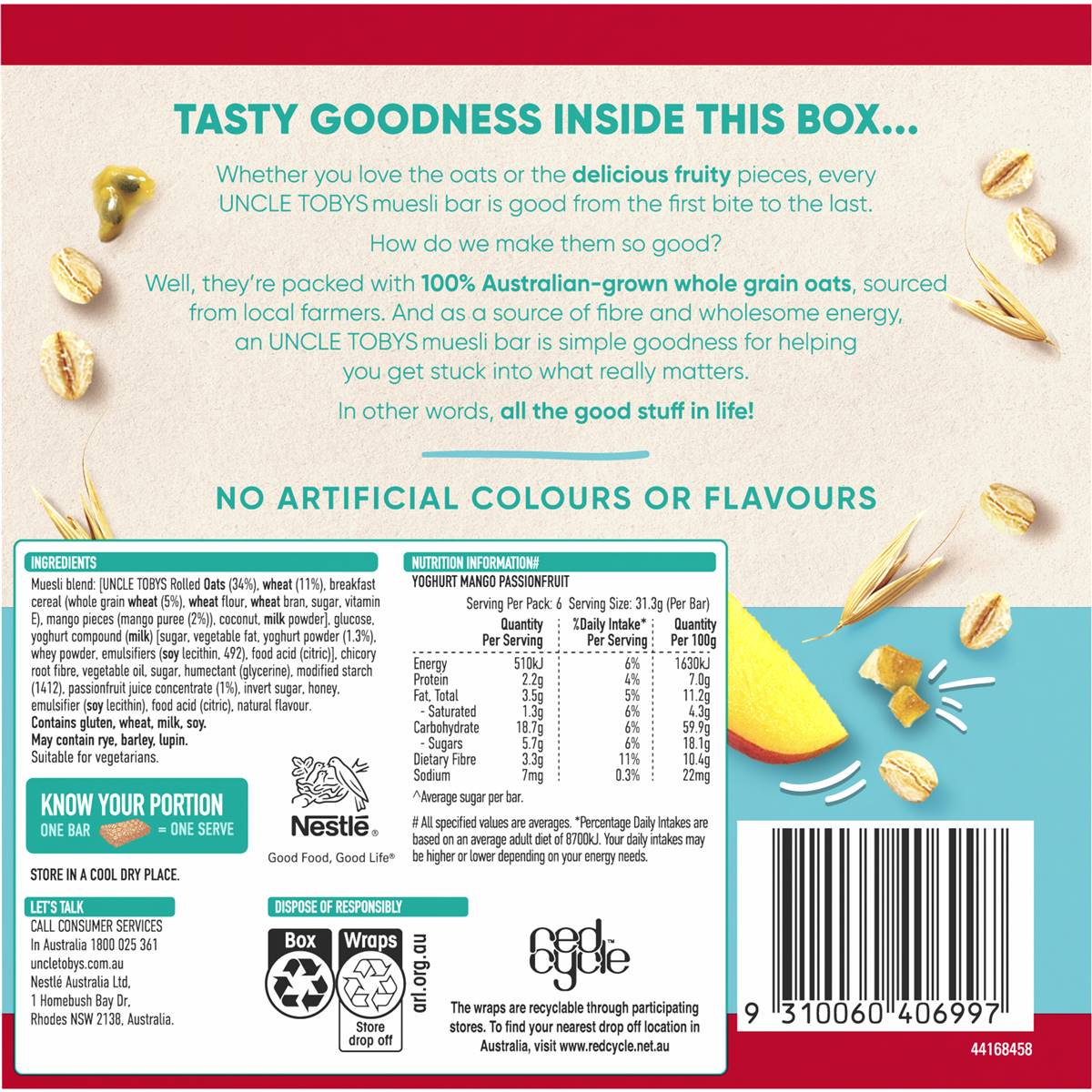 Uncle Tobys Yoghurt Mango Passionfruit Muesli Bar 6pk