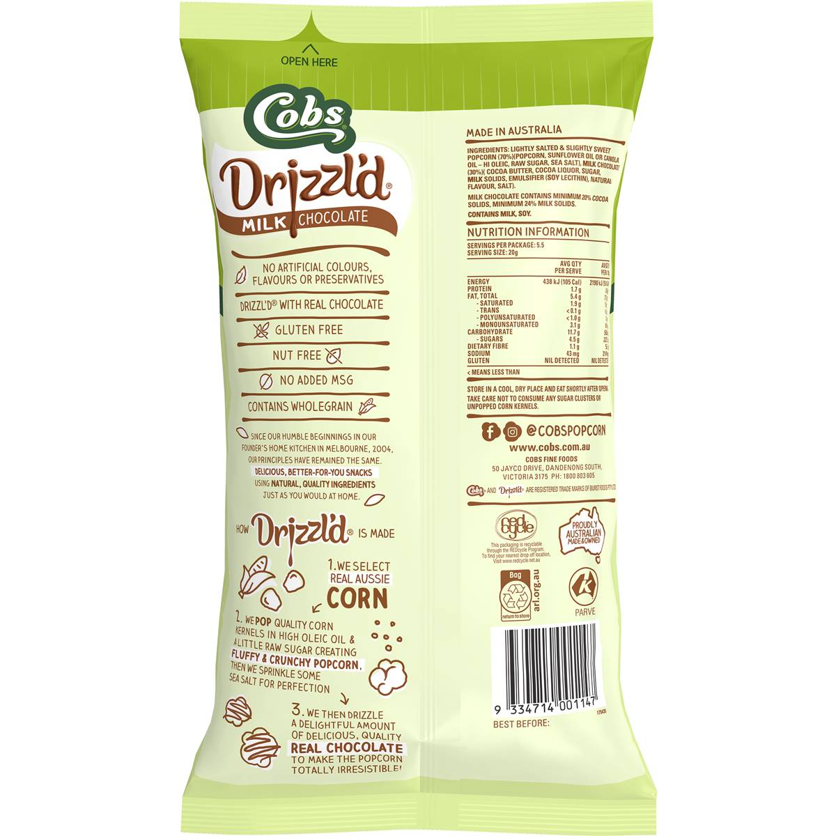 Cobs Drizzl'd Milk Chocolate Light Salted Slightly Sweet Popcorn 110g