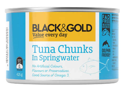 Black & Gold Tuna Chunks in Springwater 425g