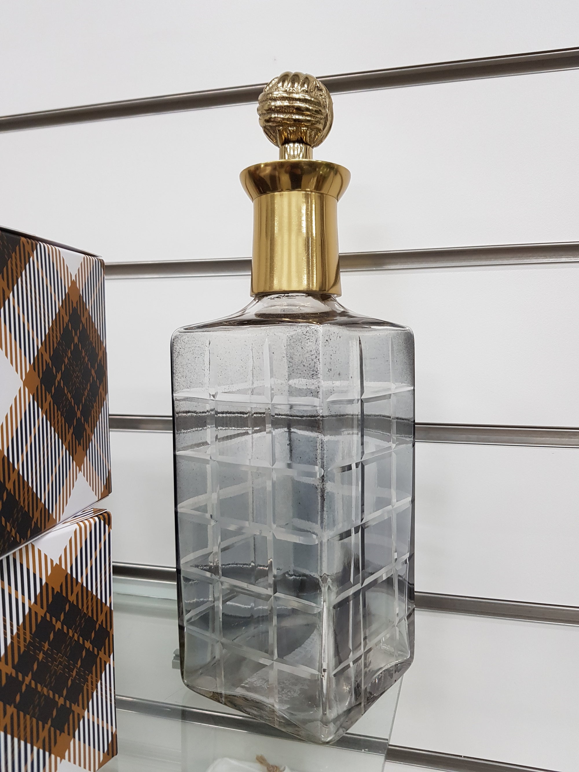 Grey Blue Check Glass Decanter
