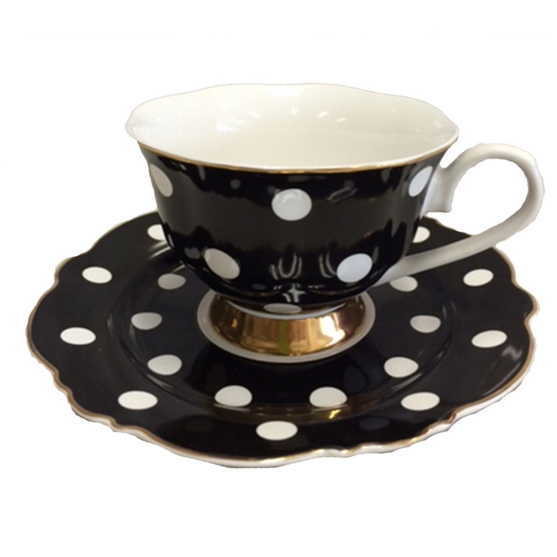 Blue Cadeaux Tea cup & Saucer Blk with White spots
