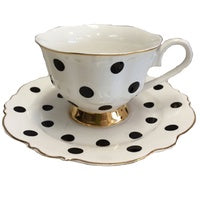 Blue Cadeaux Tea cup & Saucer White with Blk Spots